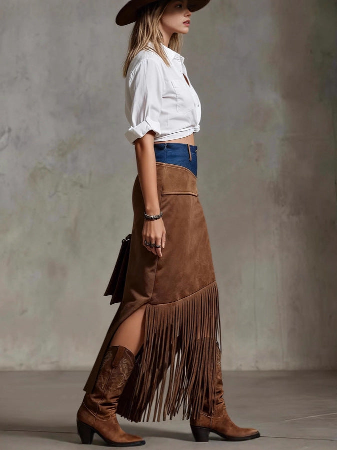 Fringe Stitching Denim Hem Irregular Suede Skirts