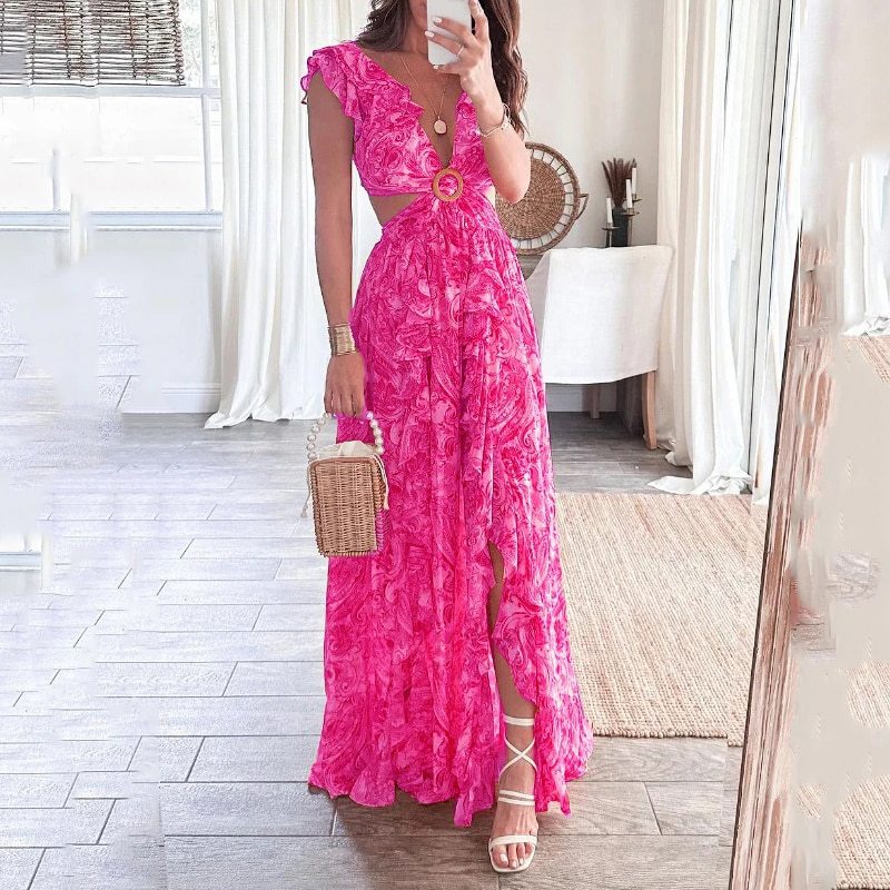 Women's Spring Fashion Printed Ruffled Split Dress