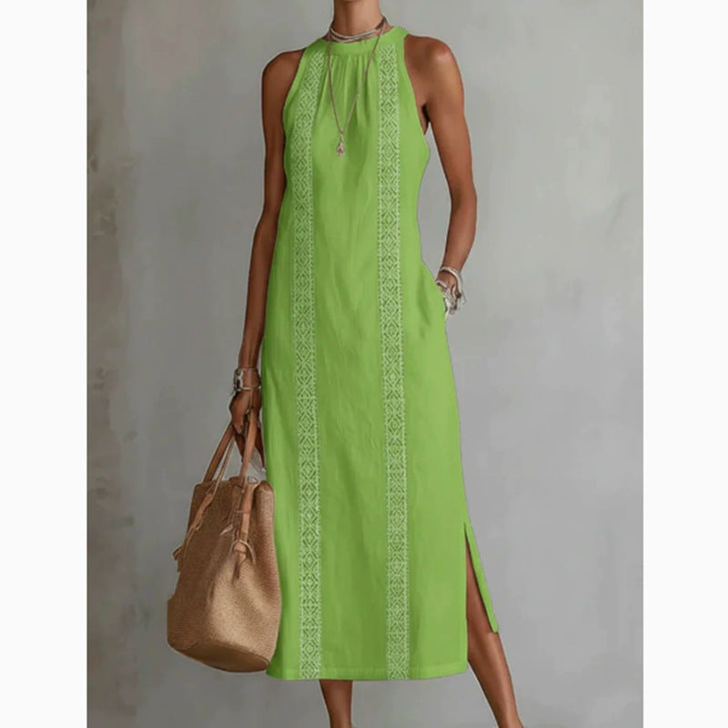 Women's Round Neck Sleeveless Lace Split Solid Color Cotton Dress