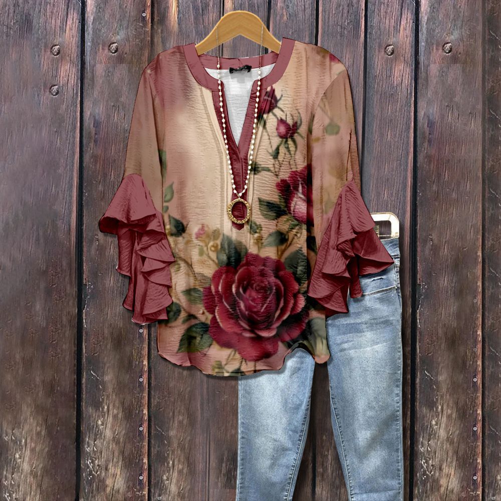 Women's Floral Element Print Casual Trend Lotus Tops