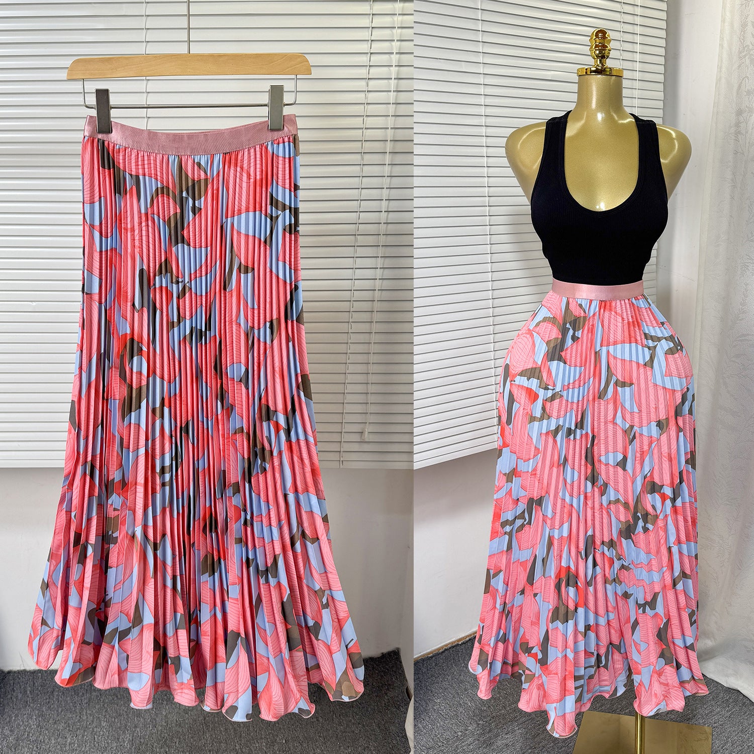 Women's Retro Printed High Waist A- Line Mid-length Pleated Large Hem Skirt
