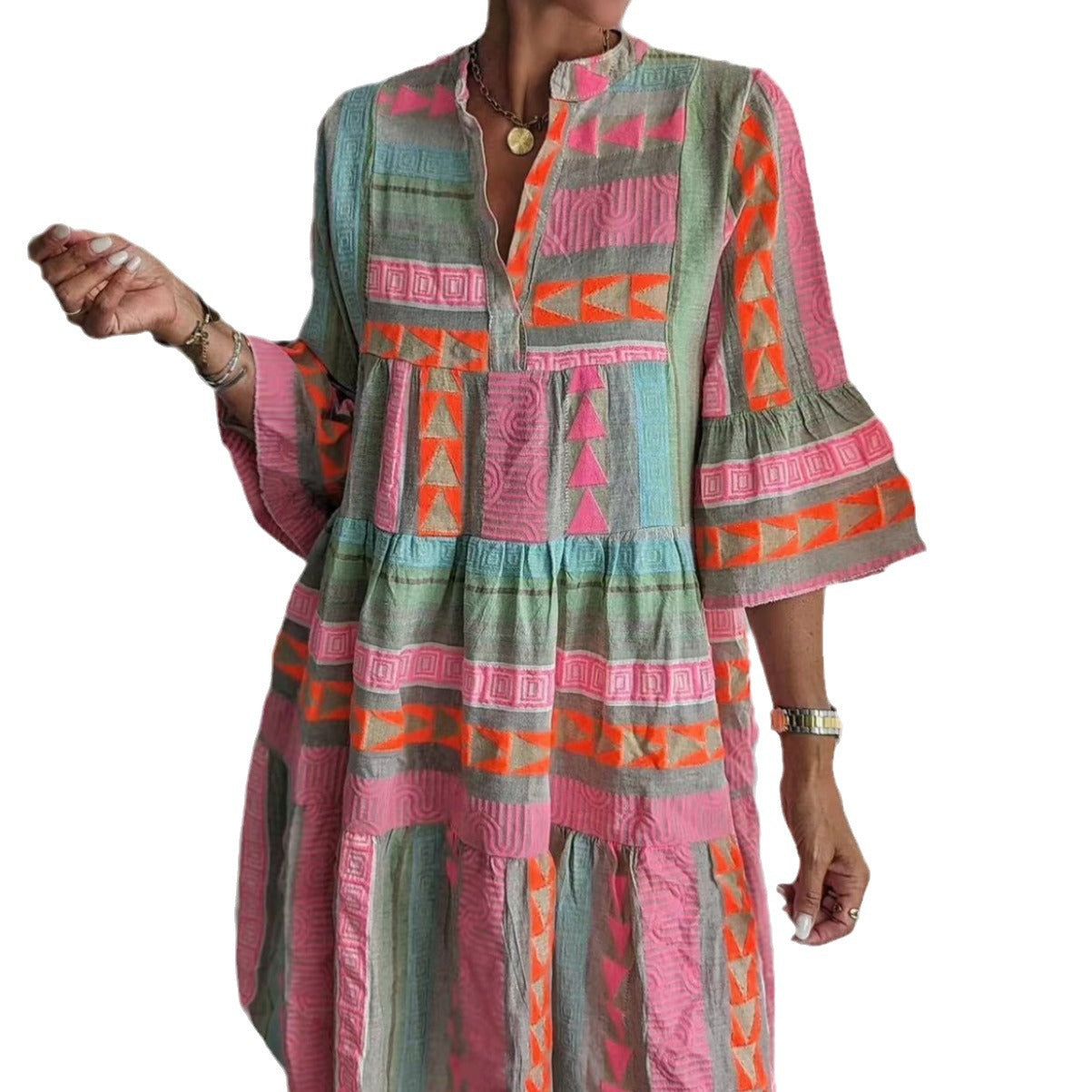 Slouchy Fashion Printing Stand-up Collar Sleeve Dress