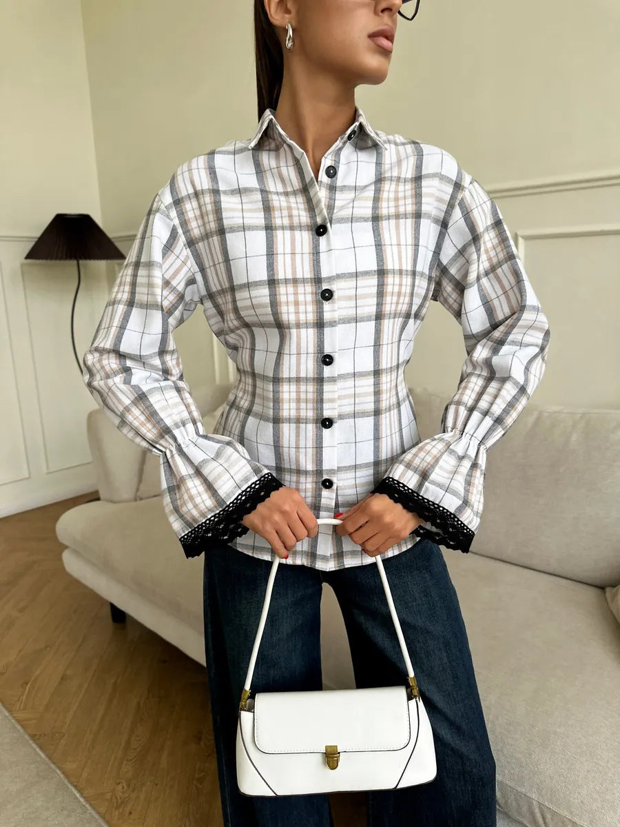 Versatile Design Slim Fit Shirt Plaid Long Blouses