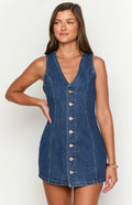 Women's Placket Back Waist Denim Retro Fashion Dress