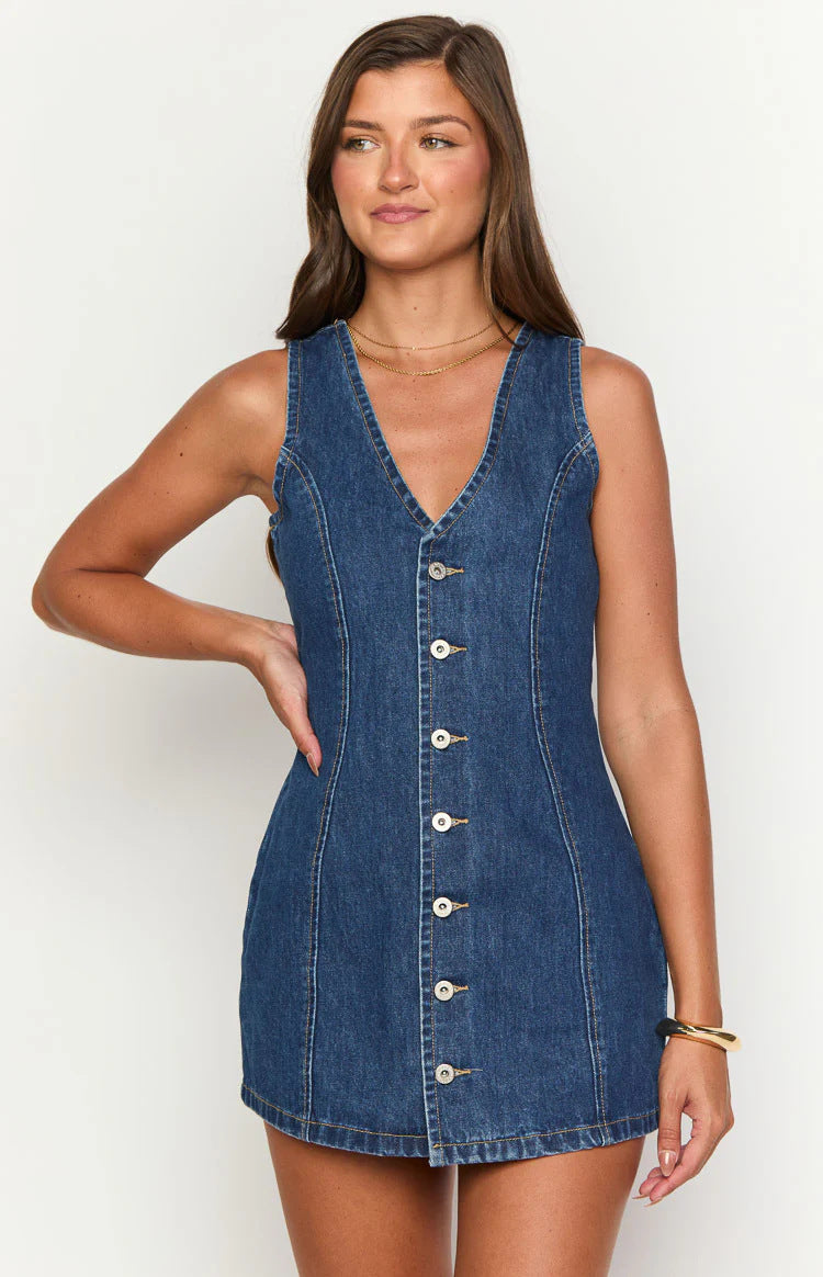 Women's Placket Back Waist Denim Retro Fashion Dress