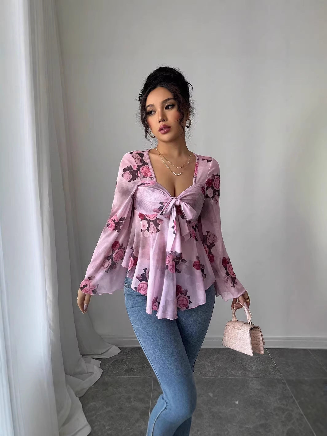 Design Sense French Sweet Flower Blooming Square Collar Long Blouse