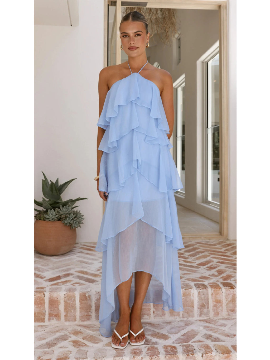 Ruffled Elegant Halter Solid Color Cake Dress