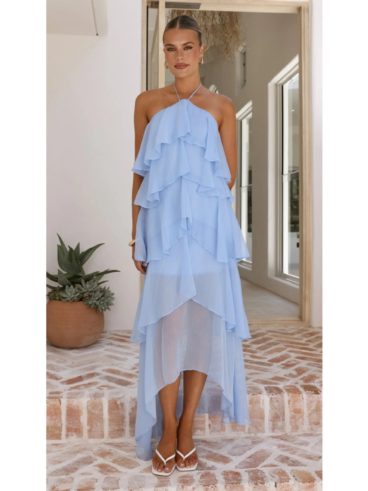 Ruffled Elegant Halter Solid Color Cake Dress