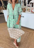 Women's Summer Bohemian Fashion Printed Lantern Sleeve High Waist Big Dress