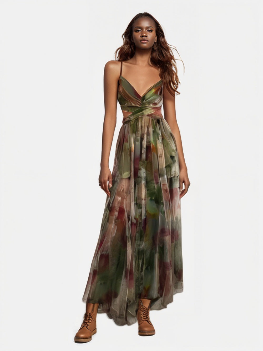 Popular Slouchy Mesh Printing Slip Vacation Dress
