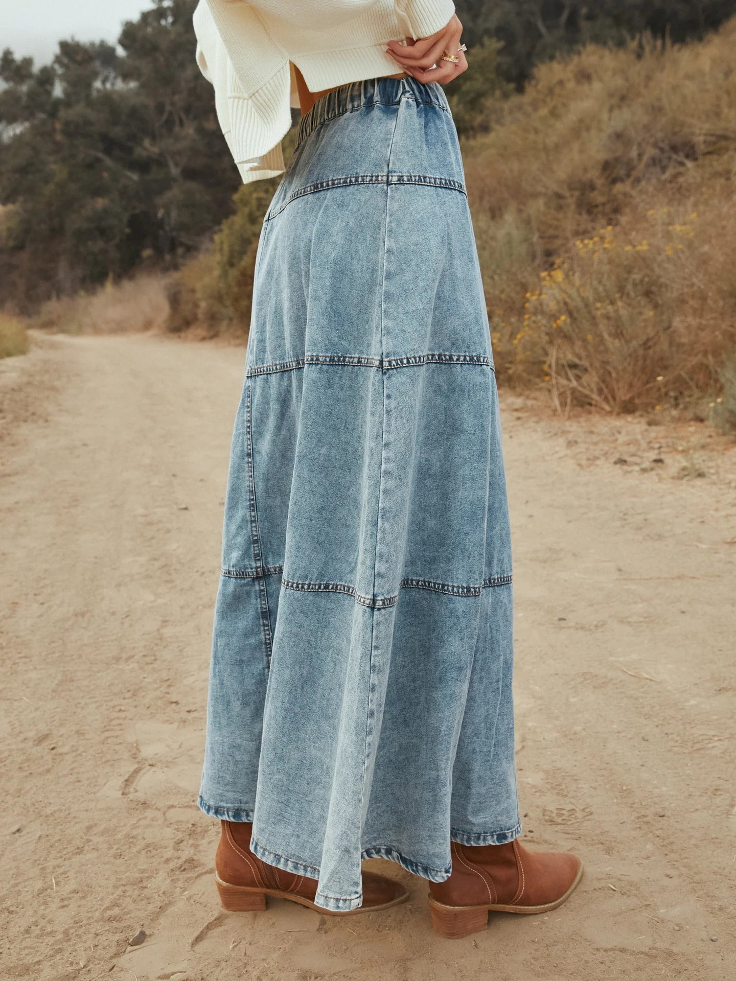 Charming Women's Bohemian Layered Stitching Denim Skirt