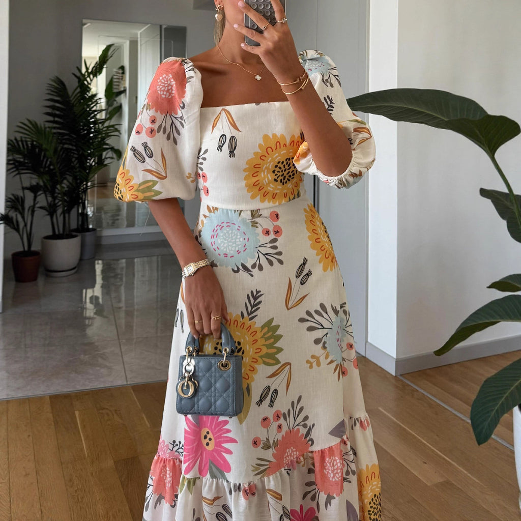 Women's Fashion Printed Puff Sleeve Large Swing Dress