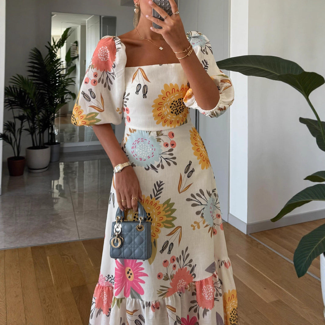 Women's Fashion Printed Puff Sleeve Large Swing Dress