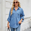 Women's Washed Adjustable Sleeve Denim Shirt Loose Tops