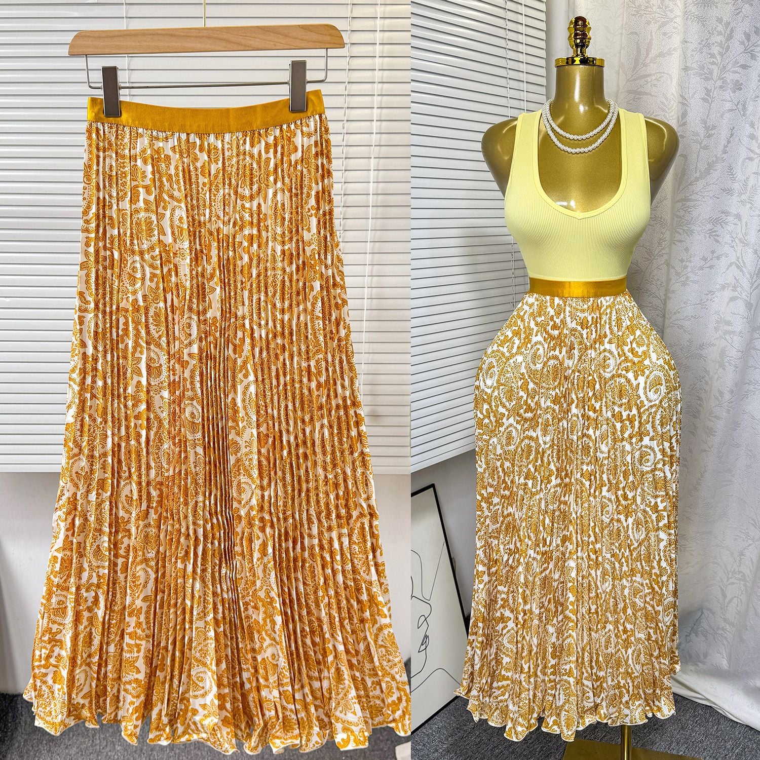 Women's Retro Printed High Waist A- Line Mid-length Pleated Large Hem Skirt