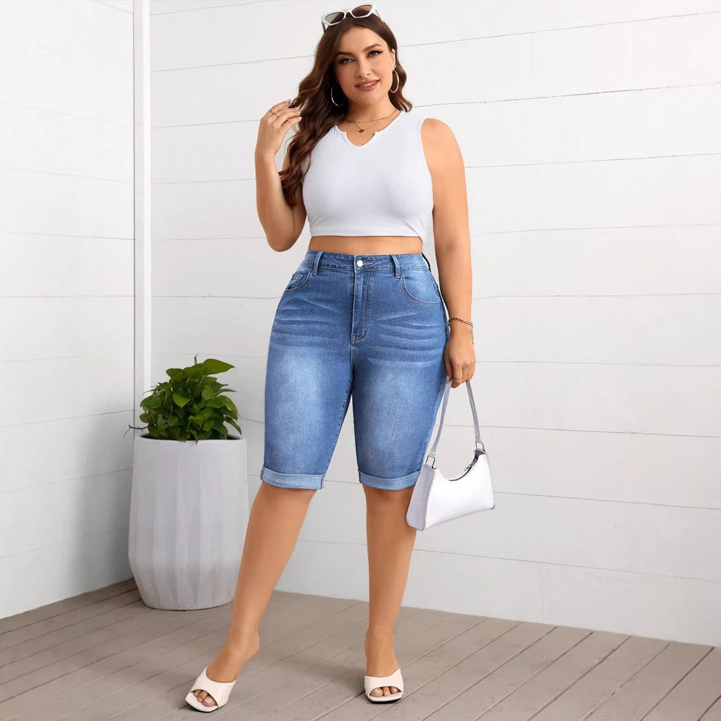 Large Washed Blue Stretch Denim Figure Flattering Women's Jeans