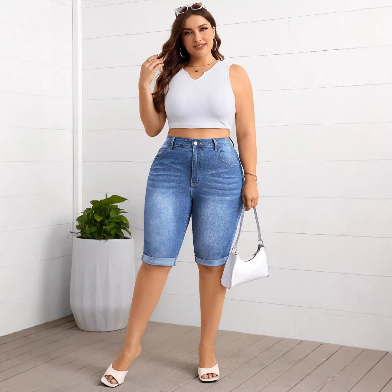 Large Washed Blue Stretch Denim Figure Flattering Women's Jeans