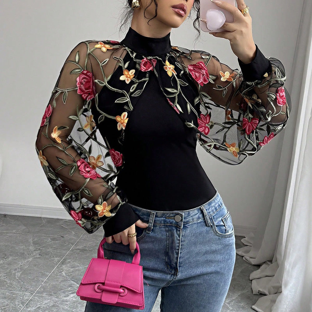 Women's Summer Sexy Floral Embroidered Lace Stitching Ruffle Fashionable Blouse