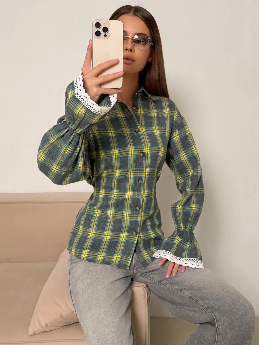 Versatile Design Slim Fit Shirt Plaid Long Blouses