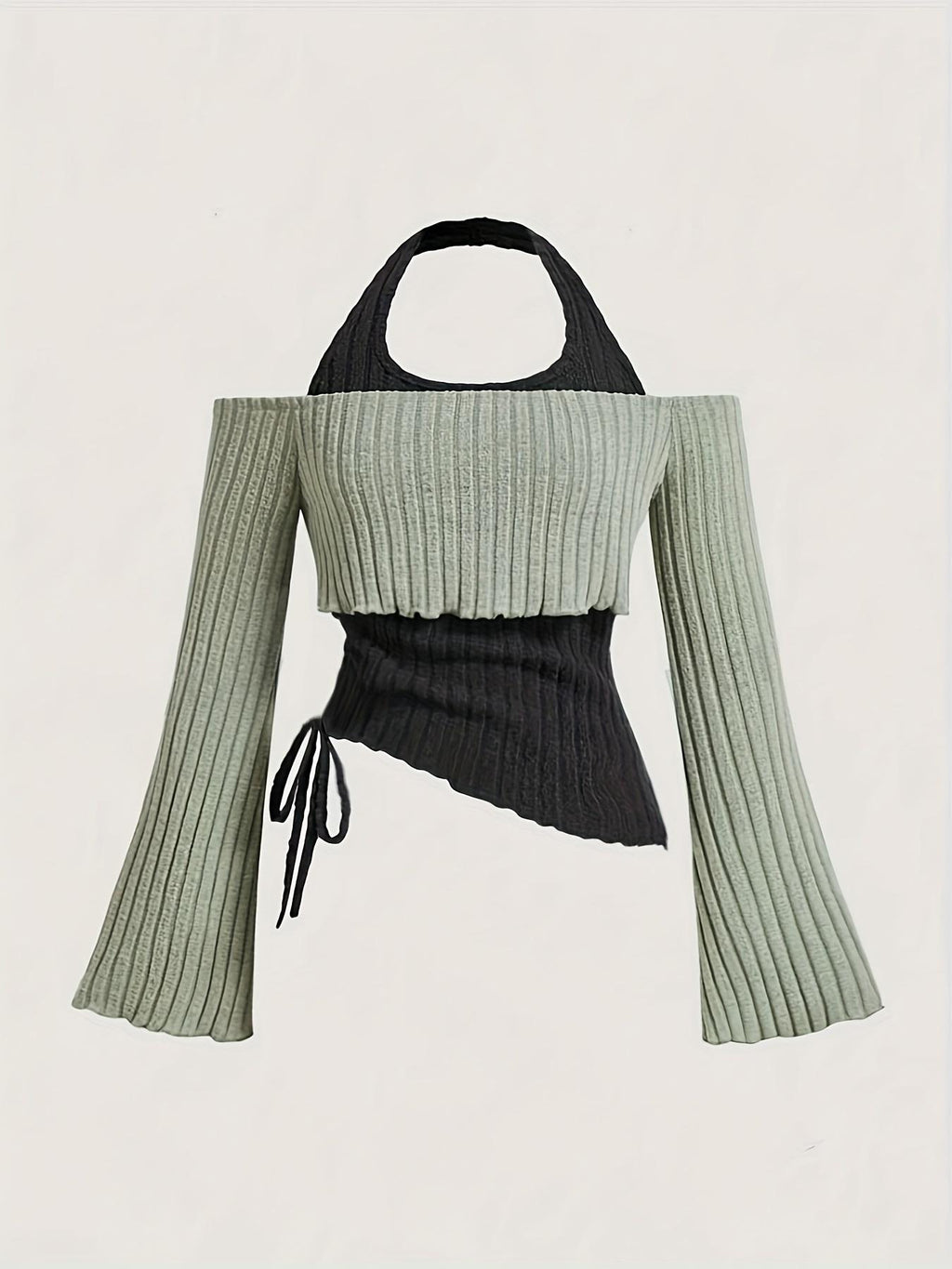 Women's Clothes Long Sleeve Contrast Colors Stitching Halter Women's T-shirt