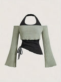 Women's Clothes Long Sleeve Contrast Colors Stitching Halter Women's T-shirt