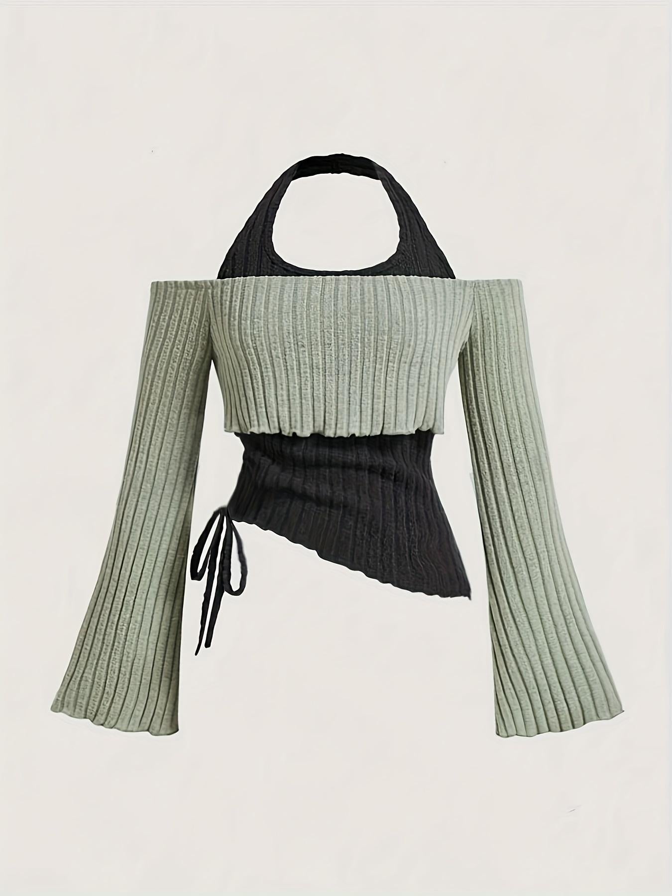 Women's Clothes Long Sleeve Contrast Colors Stitching Halter Women's T-shirt
