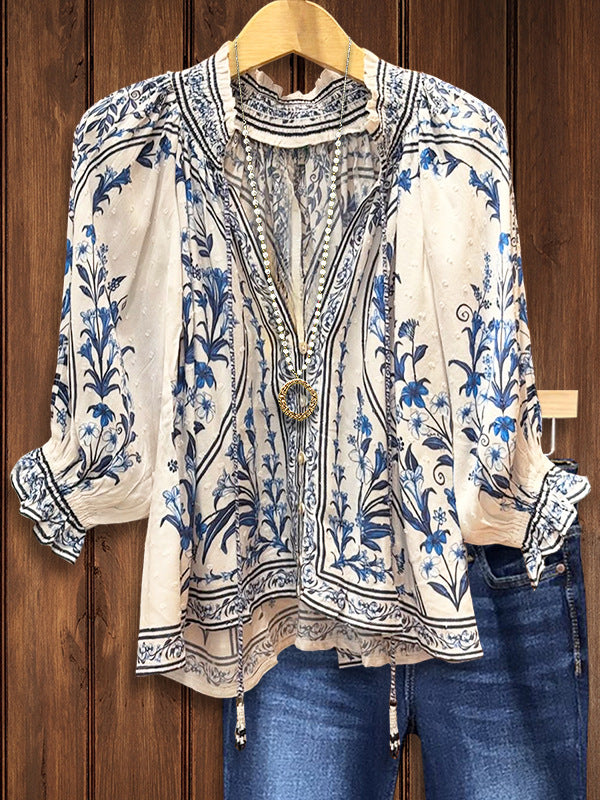 Bohemian Vacation Style Jacquard Printed Long Sleeve Tops