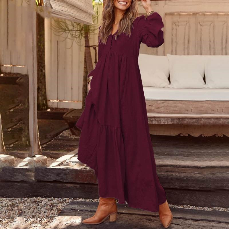 Women's Button Cotton Linen Retro Casual Long-sleeved Large Dress