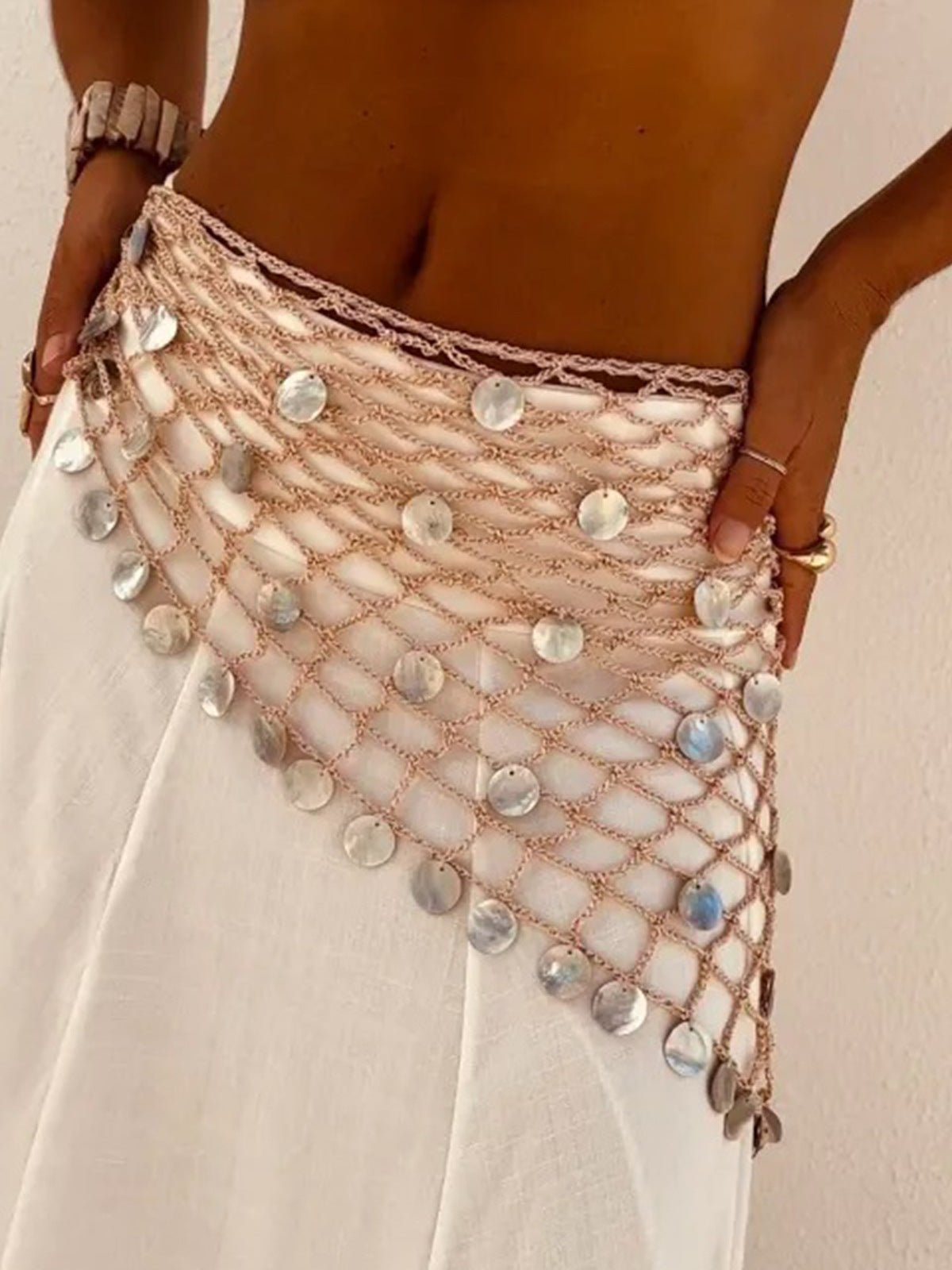 Summer Hollow Shiny Crystal Pendant Hand Crochet Skirt