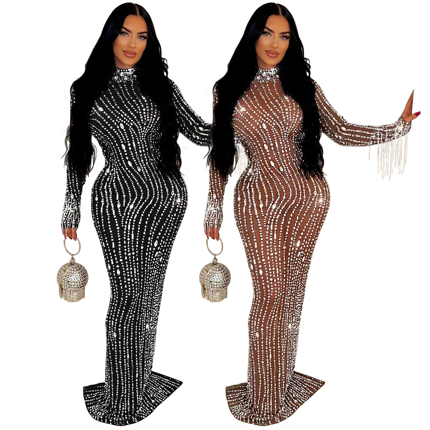 Women's Fashion Wear Pure Color Mesh Rhinestone Dress