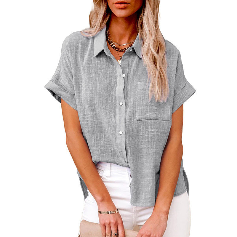 Women's Summer Solid Color Shirt Sleeve Cotton Casual Blouse