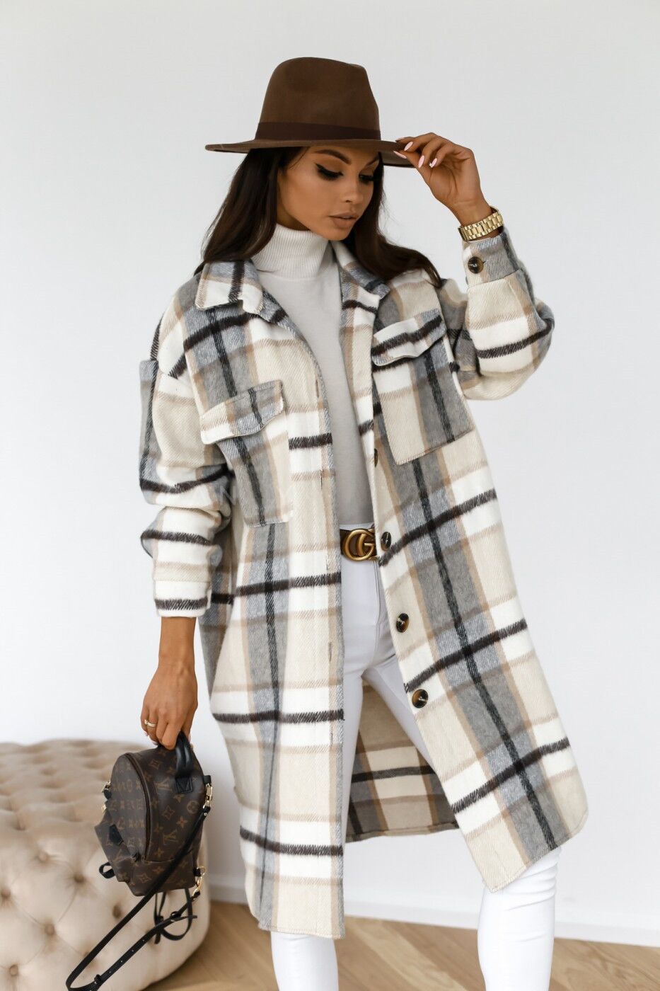 Women's Long-sleeved Plaid Printed Mid-length Shirt Blouse