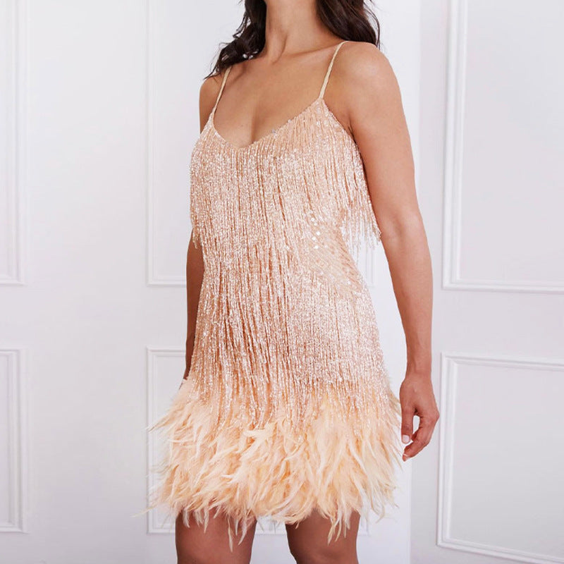 Women's Tassel Feather Sequin Dinner Sexy Strap Dress