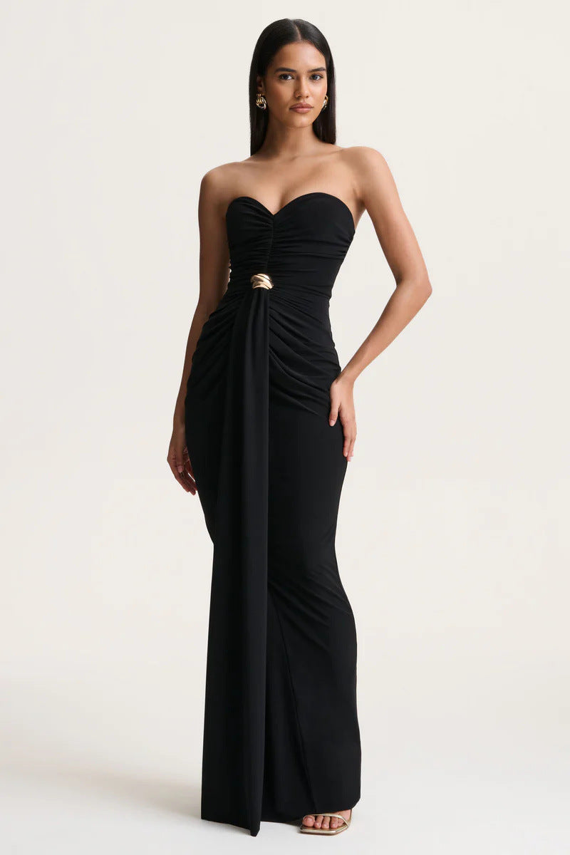 Women's Solid Color Sleeveless Pleated Waist Tight Ribbon Sexy Tube Dress
