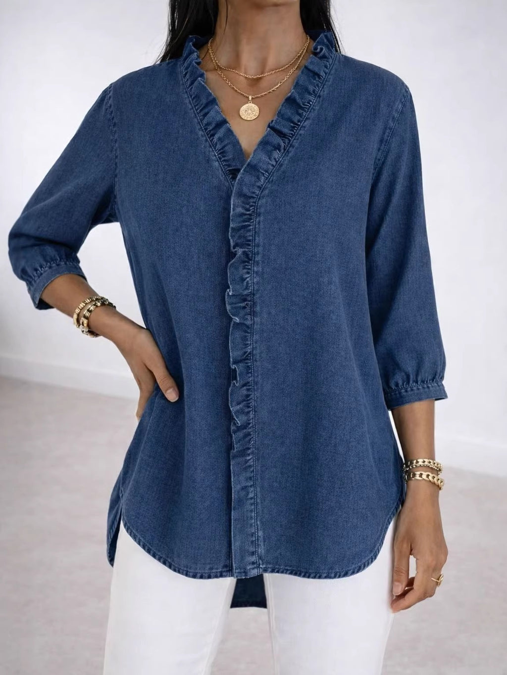 Women's Ruffled Casual Shirt Imitation Denim Ladies Blouse