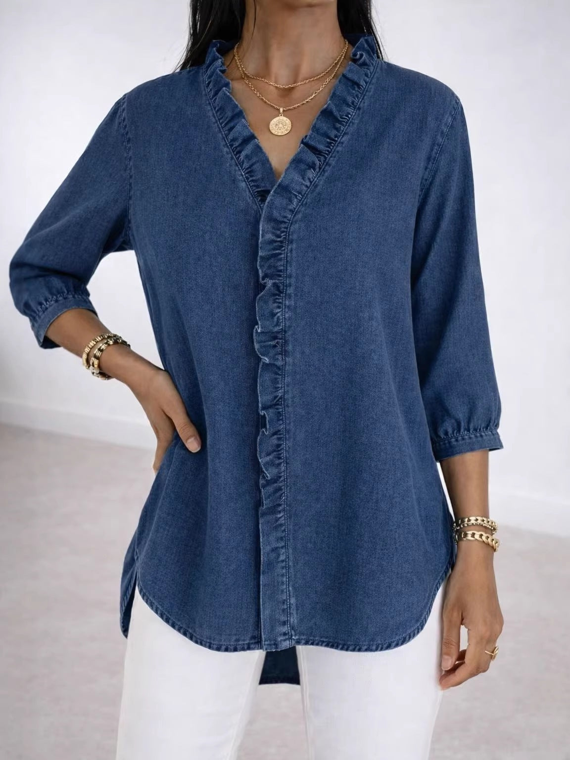 Women's Ruffled Casual Shirt Imitation Denim Ladies Blouse