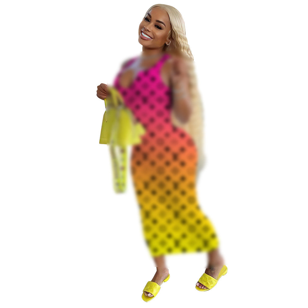 Women's Fashion Gradient Printing Small Sunken Stripe Dress