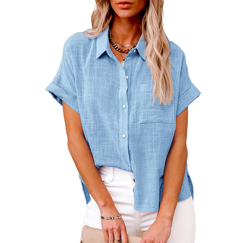 Women's Summer Solid Color Shirt Sleeve Cotton Casual Blouse