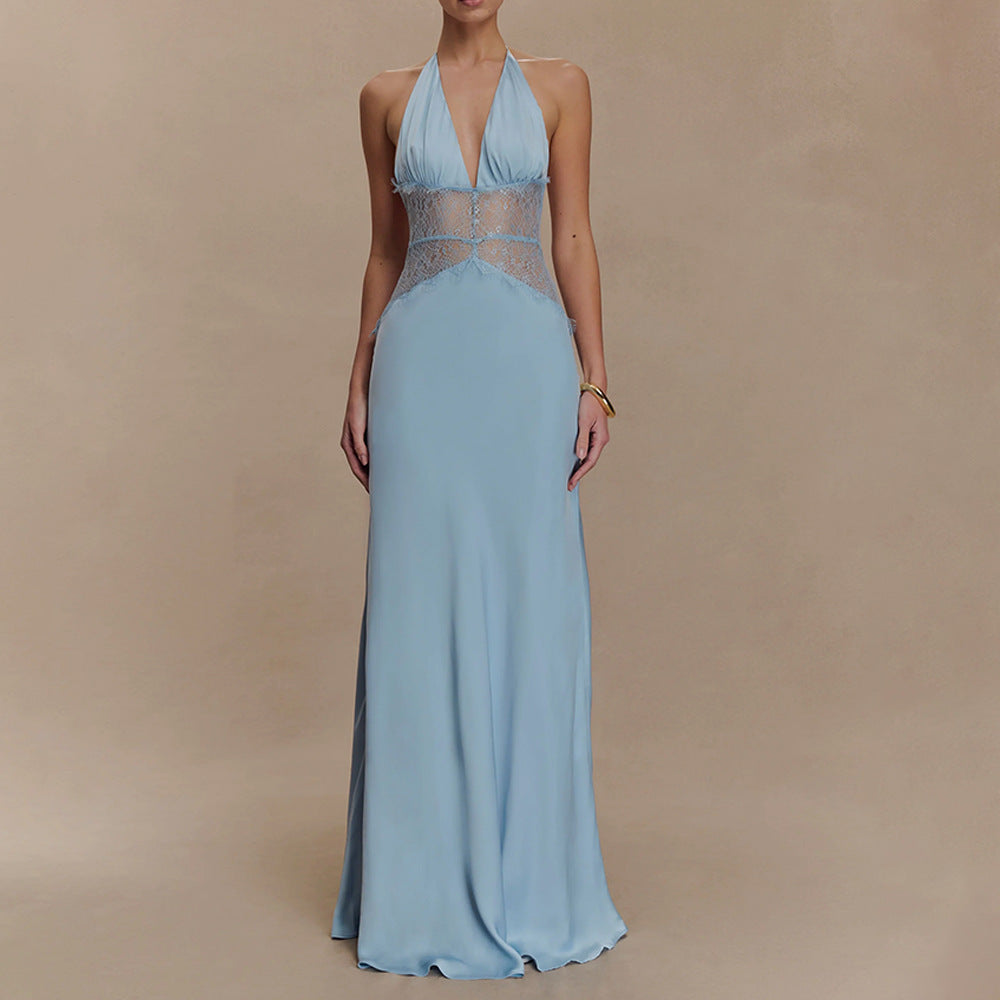 Summer Elegant Deep V Silky Satin Stitching Halter Dress