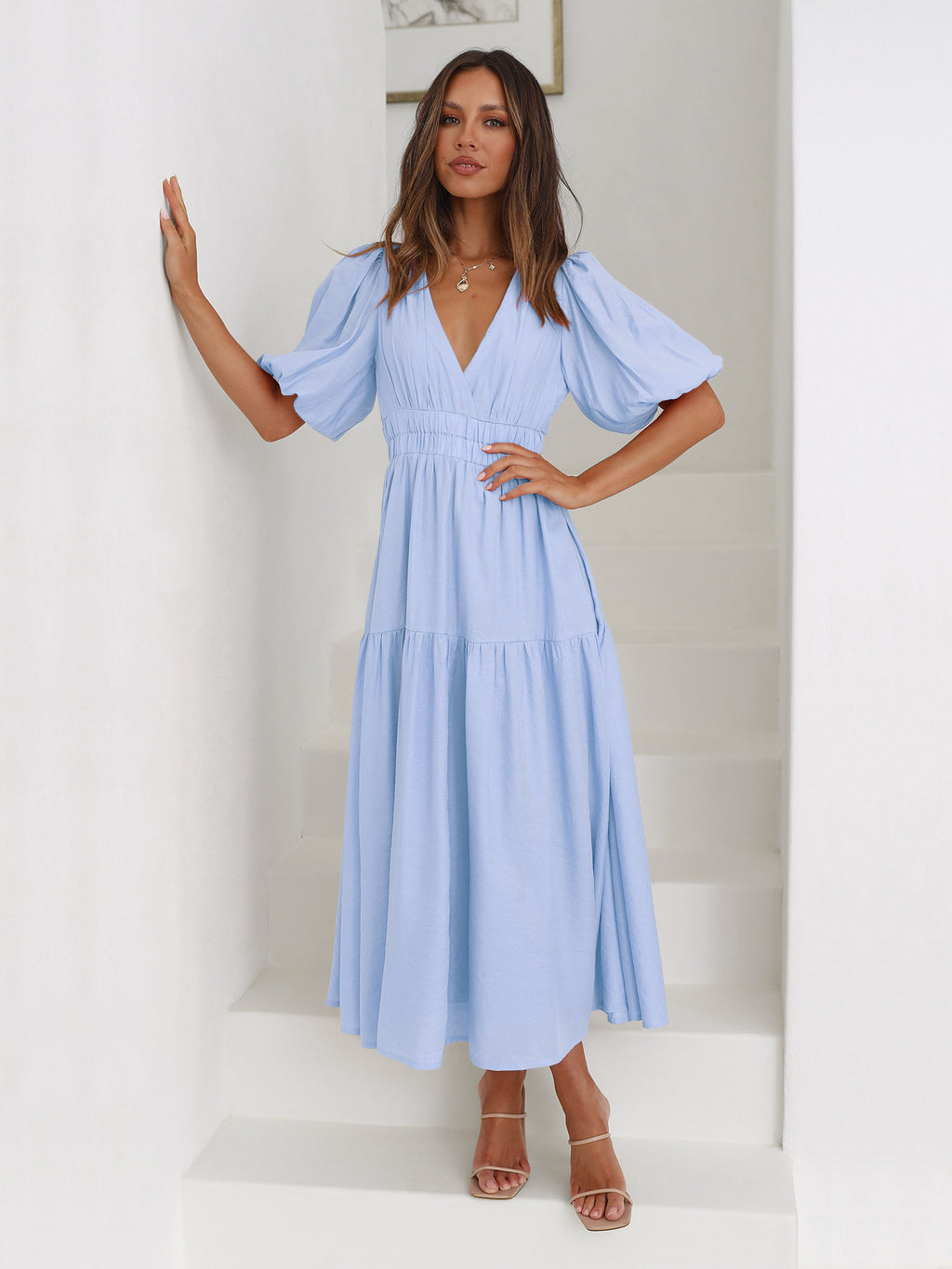 Women's High-grade Deep V Puff Sleeve Holiday Fashion Dress