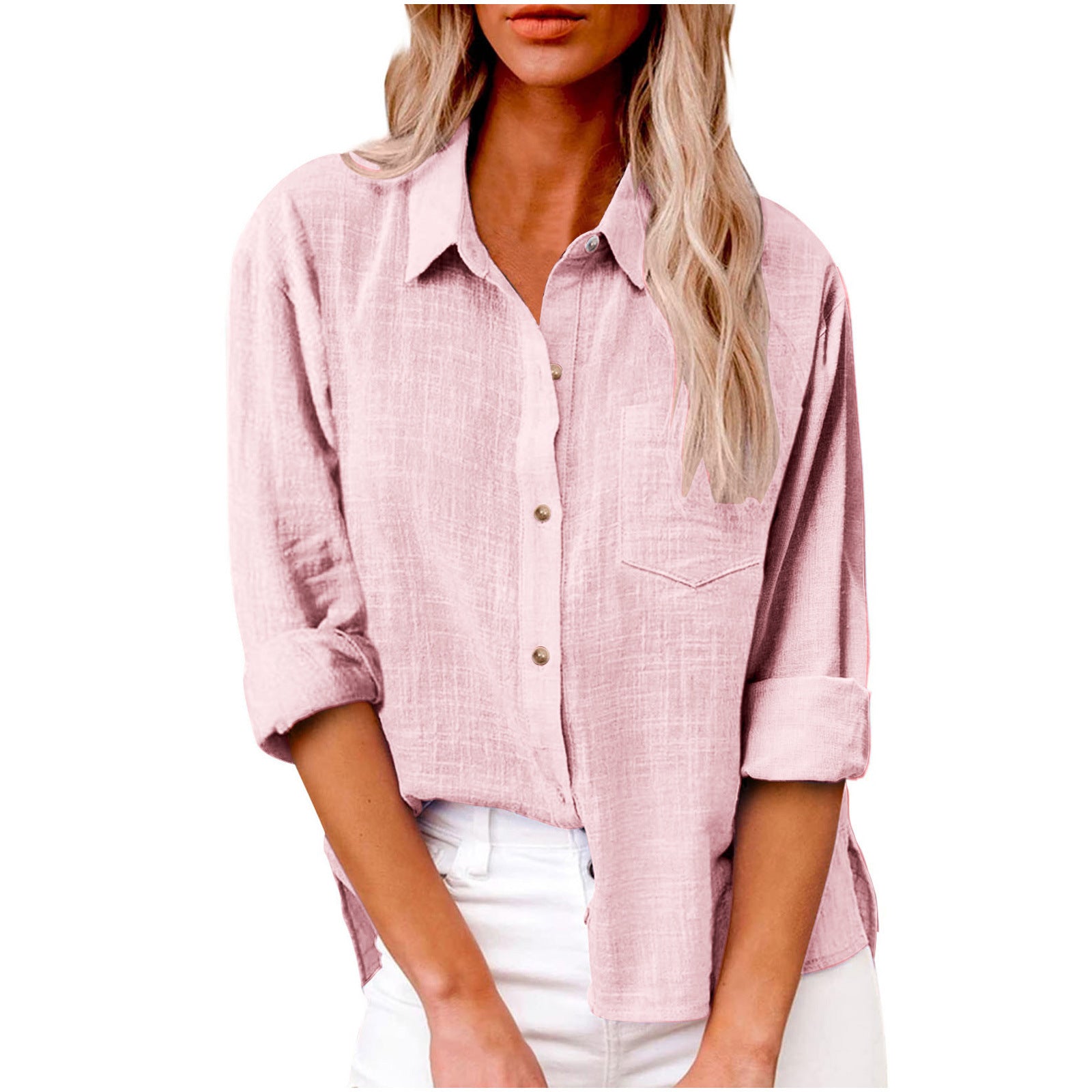 Women's Autumn Pocket Split Long Sleeve Cotton Blouse