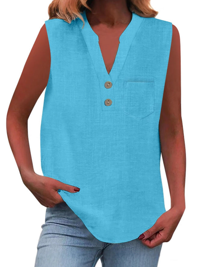 Women's Large Loose Slub Cotton Pocket Idle Tops