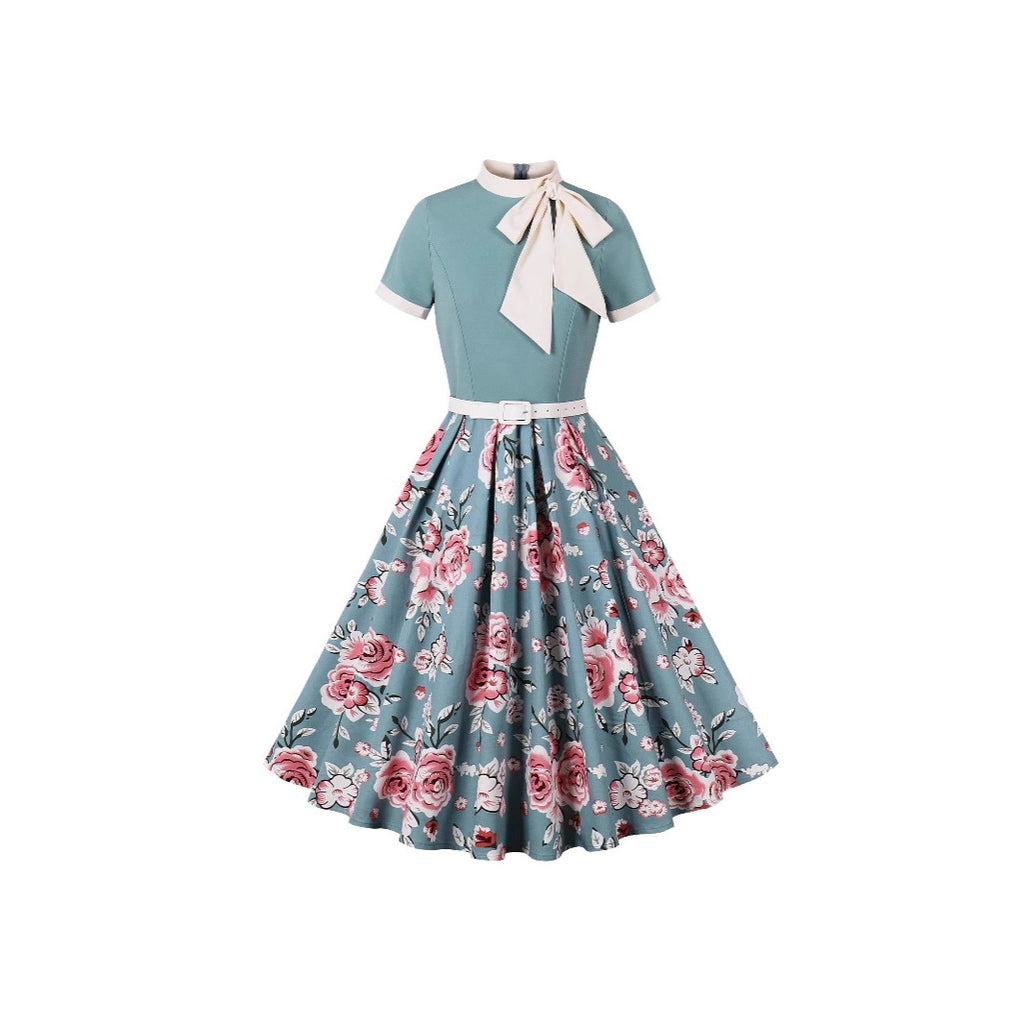 Women's Retro Hepburn Printed Floral Polka Dot Dress