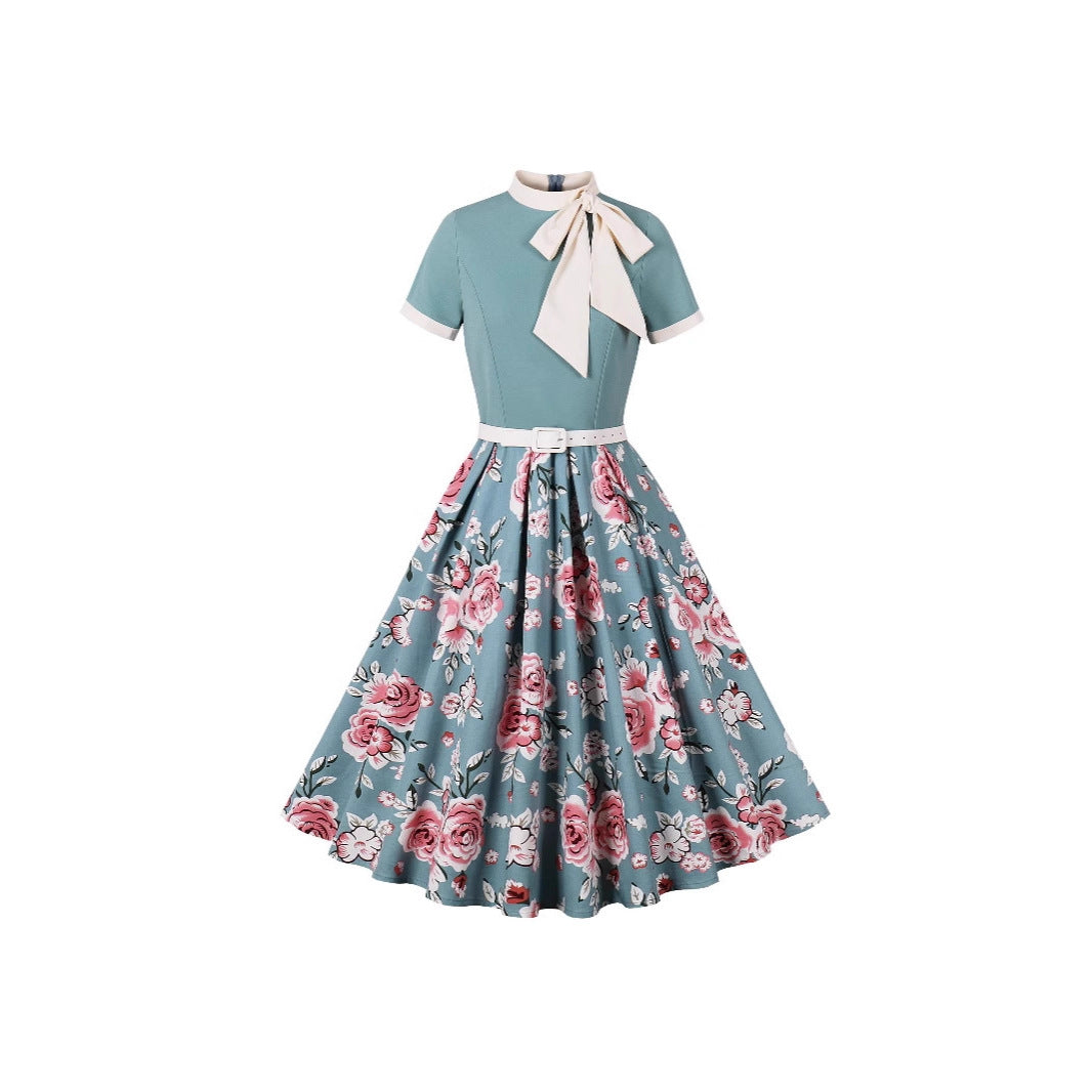 Women's Retro Hepburn Printed Floral Polka Dot Dress