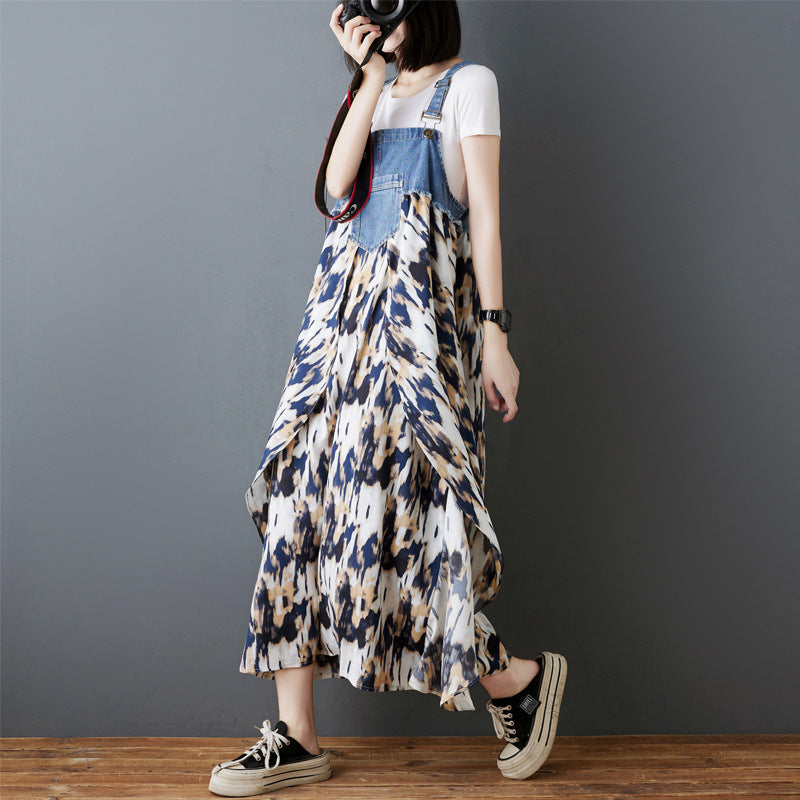 Color Loose Denim Stitching Floral Strap Dress