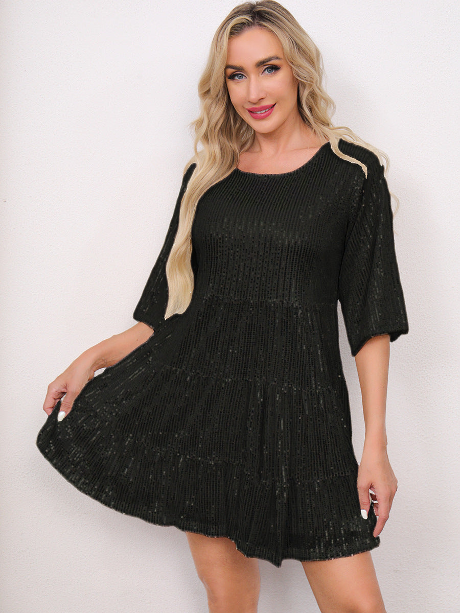 Fashion Solid Color Loose Waist Sleeves Sequins Shorts