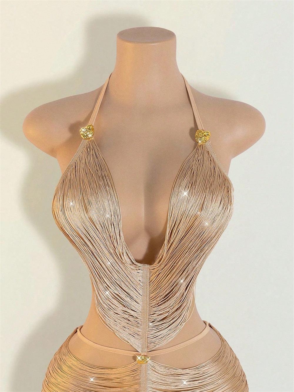 Party Pendant Tassel Suspender Halter Deep V Dress