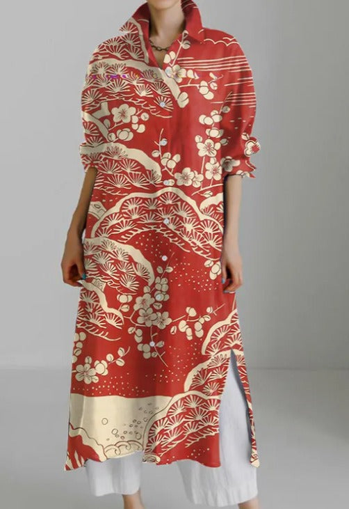 Women's Casual Abstract Printing Long Sleeve Slit Shirt Blouse