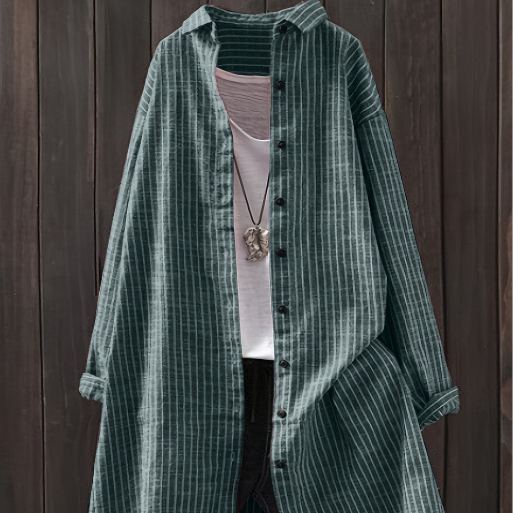 Women's Cotton Linen Striped Mid-length Long Sleeve Blouse