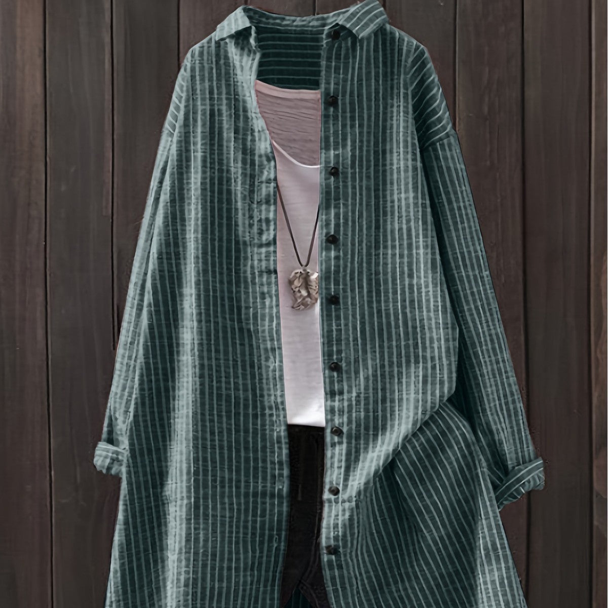 Women's Cotton Linen Striped Mid-length Long Sleeve Blouse